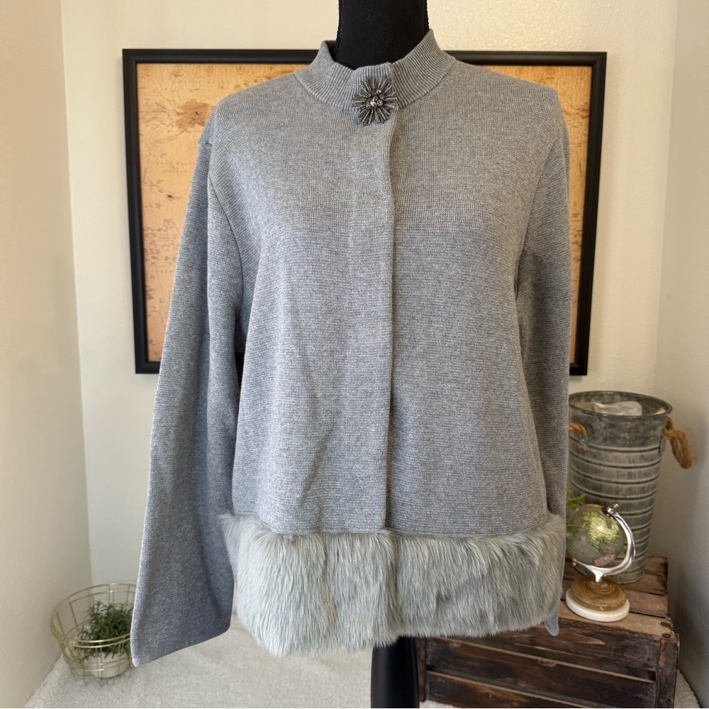 JM Collection gray faux fur trim sweater jacket